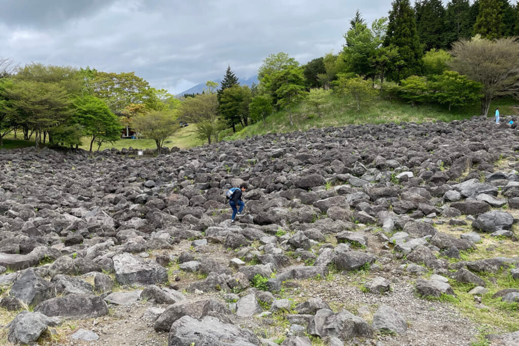 富士山こどもの国の岩場を歩く子ども