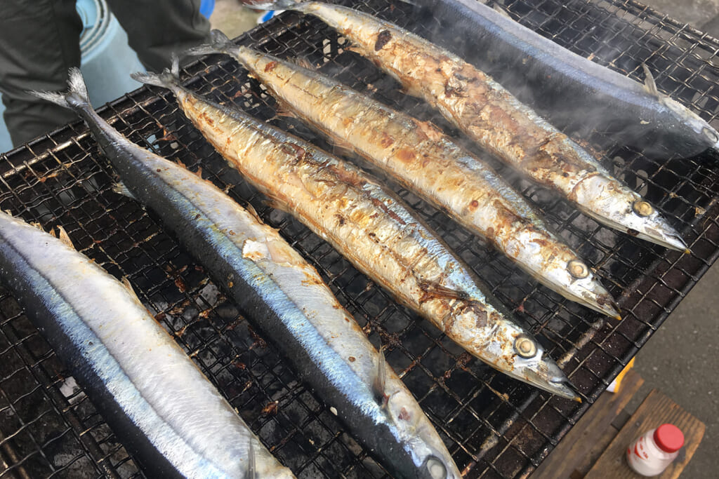 BBQグリルで焼き上げたサンマ