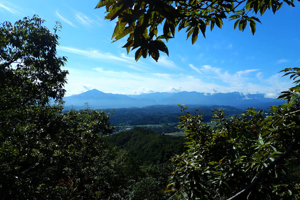 前原岩稜からの展望と左端に三角形の山が武甲山