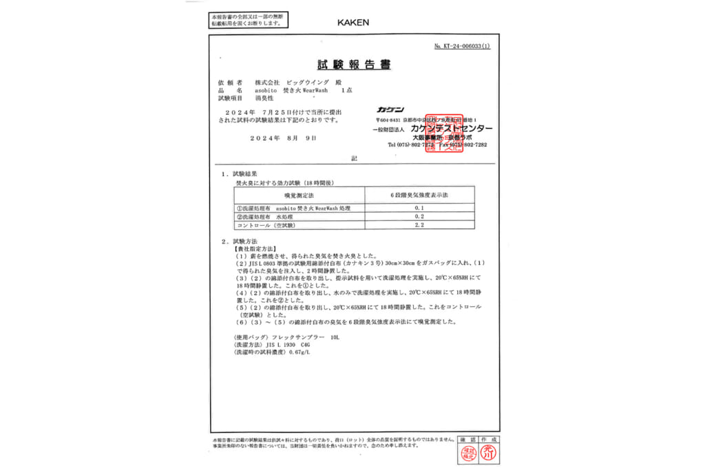 焚き火臭の消臭試験報告書