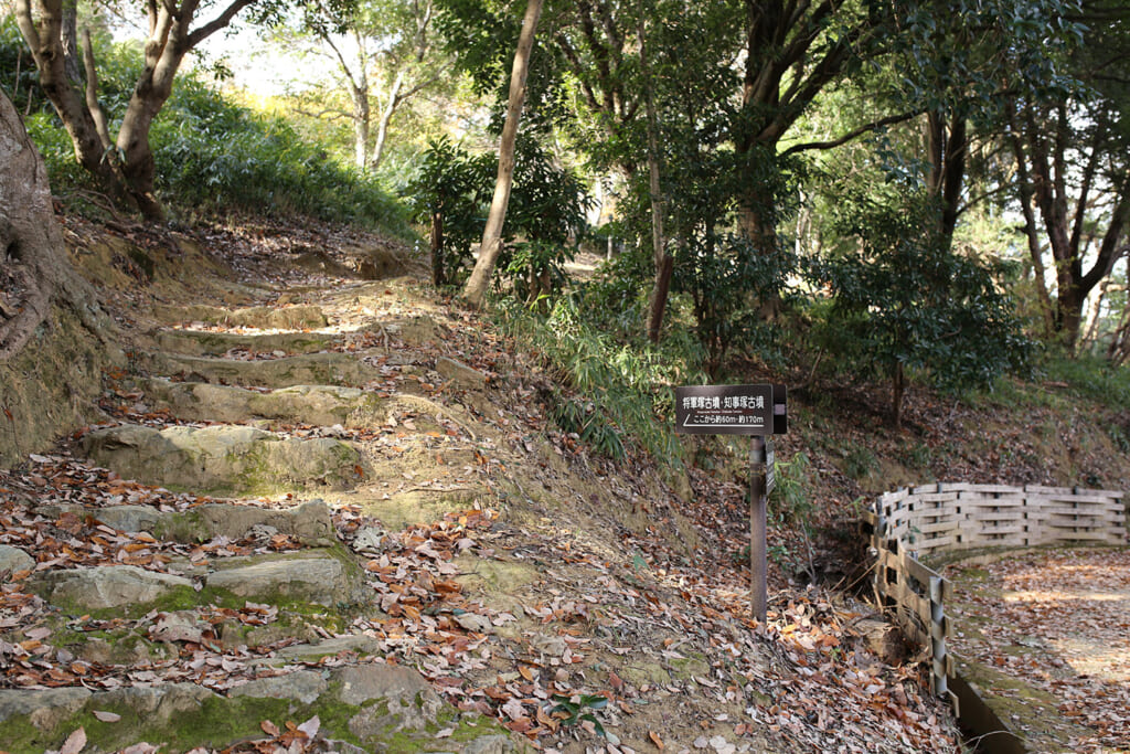 看板越しの山道