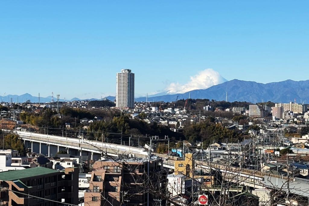 雪煙舞う富士山と新幹線